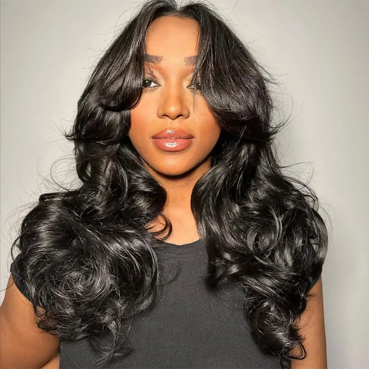 6x5 Wig with Curtain Bangs Framing the Face and Soft Waves | Mavi